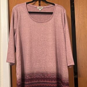 ONE WORLD Dusty Rose Heathered 3/4 Sleeve Tunic with Patterned Hem